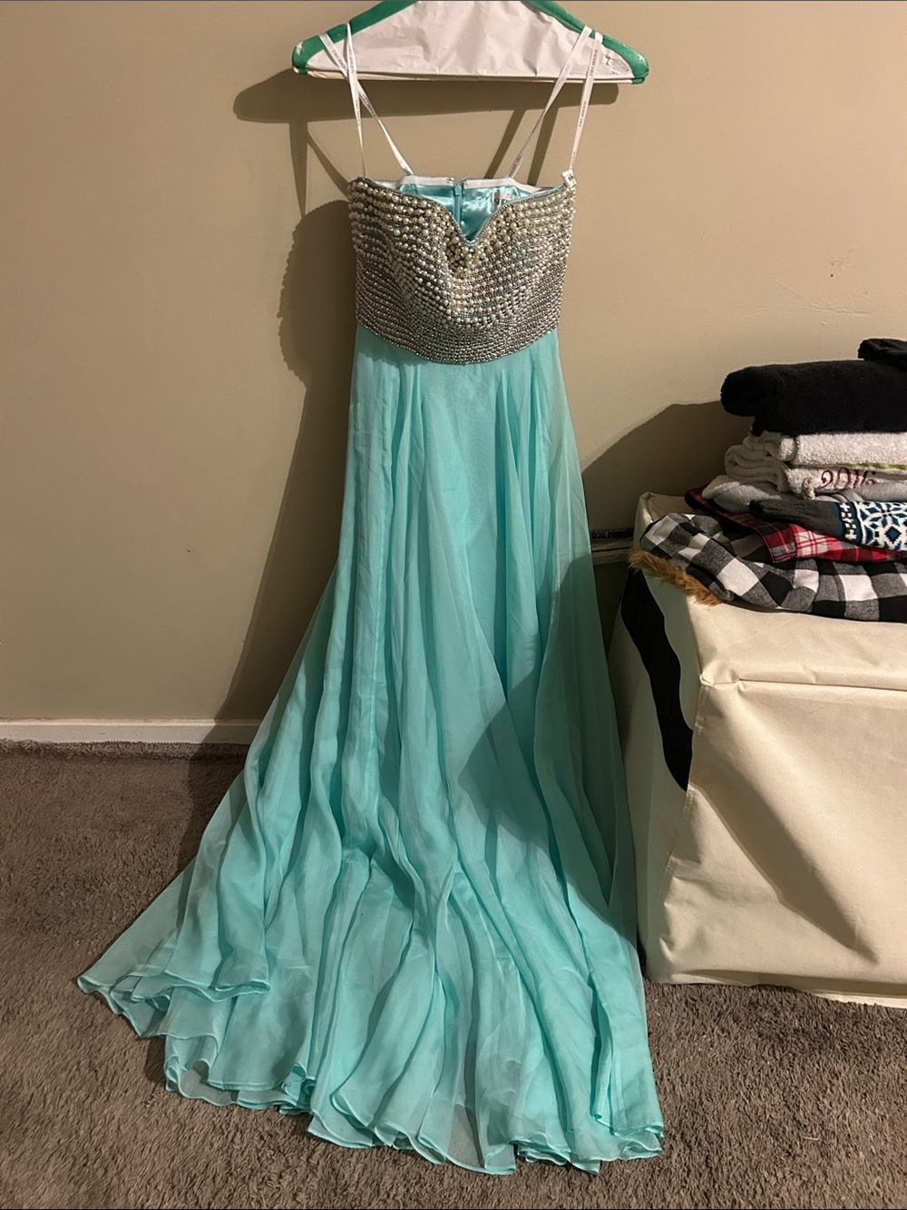 Sherri Hill Aqua Beaded Bodice Chiffon Prom Gown